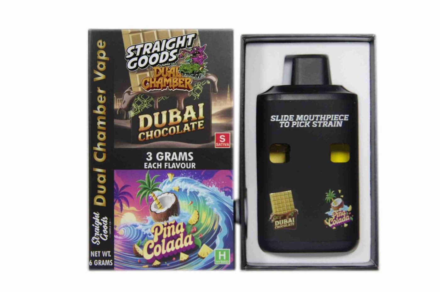 6g Straight Goods – Dual Chamber Vape – Dubai Chocolate + Pina Colada (3 Grams + 3 Grams)