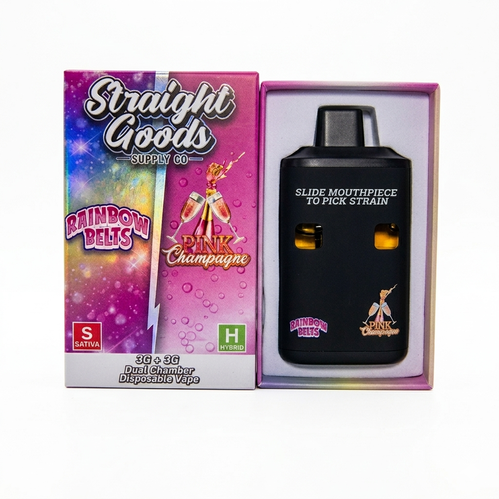 STRAIGHT GOODS DUAL CHAMBER DISPOSABLE VAPES 6G – RAINBOW BELTS / PINK CHAMPAGNE