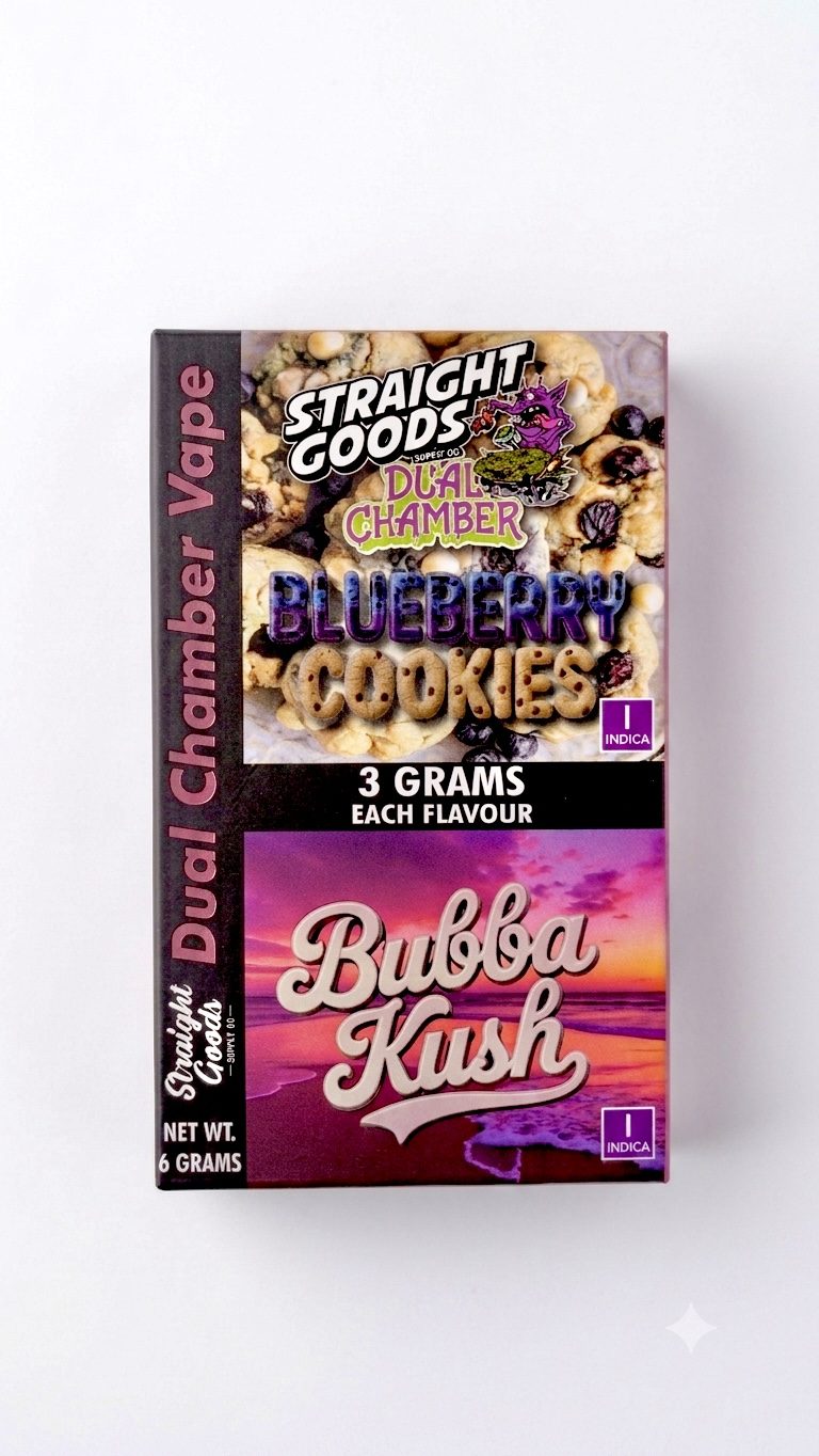 6g NEW*** Straight Goods – Dual Chamber Vape – Blueberry Cookies + Bubba Kush (3 Grams + 3 Grams)