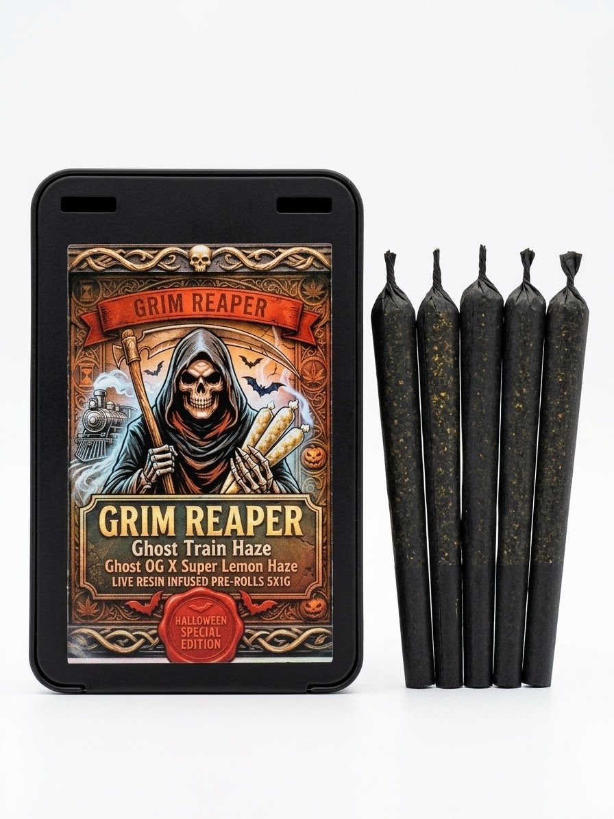 GRIM REAPER: Ghost Train Haze (Ghost OG x Super Lemon Haze) Live Resin Infused Pre-Rolls(Sativa)